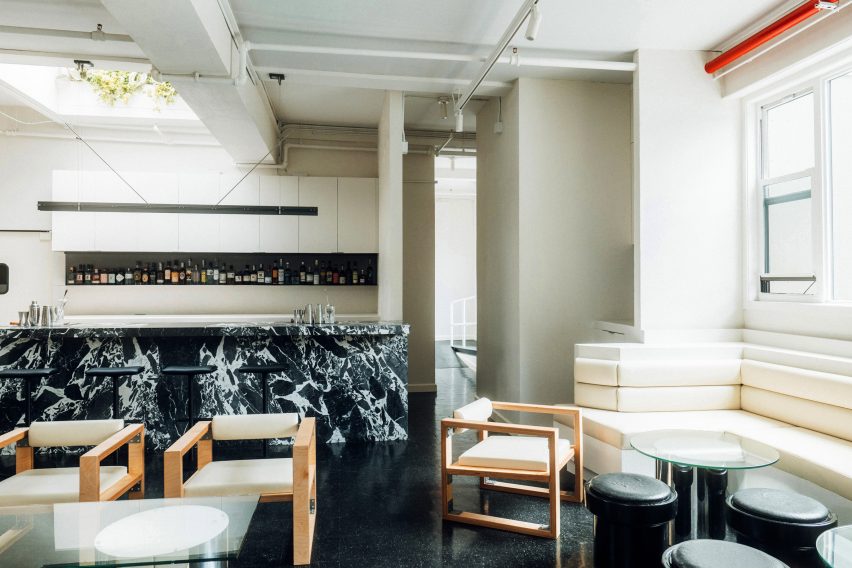 Dark marble bar and seating