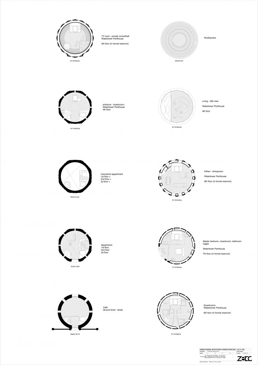 Floor plans of the Amsterdamsestraatweg water tower renovation by Zecc Architecten
