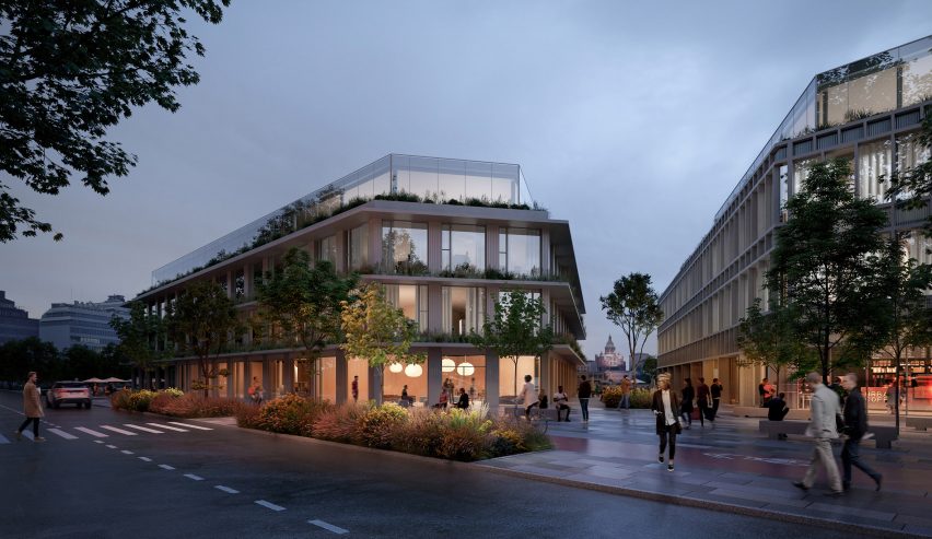 Rendering of new medium-density buildings with a view of a cathedral in the distance at the end of the street