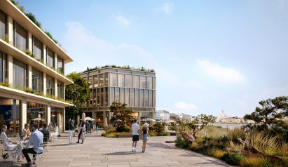 Rendering of people walking along a harbourfront with medium-desnity buildings on one side and greenery on the other