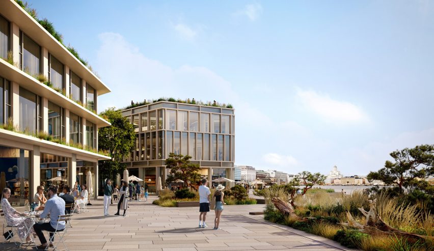 Rendering of people walking along a harbourfront with medium-desnity buildings on one side and greenery on the other