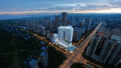 Arched Aedas skyscraper in Zhuhai cityscape