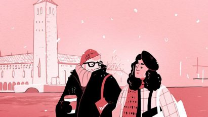 Illustration of two people walking in snow