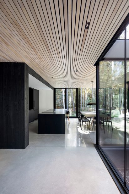Polished concrete flooring in black modernist house