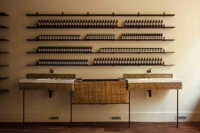 Hemp and bulrush shelving displaying Aesop products