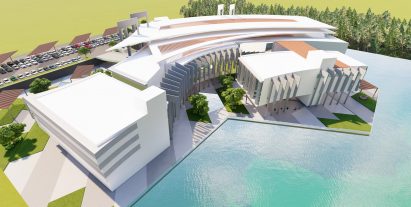 Rendering of a large building beside water