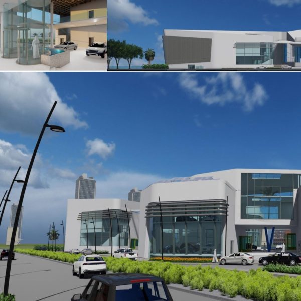 Collage of renders showing a large car showroom building