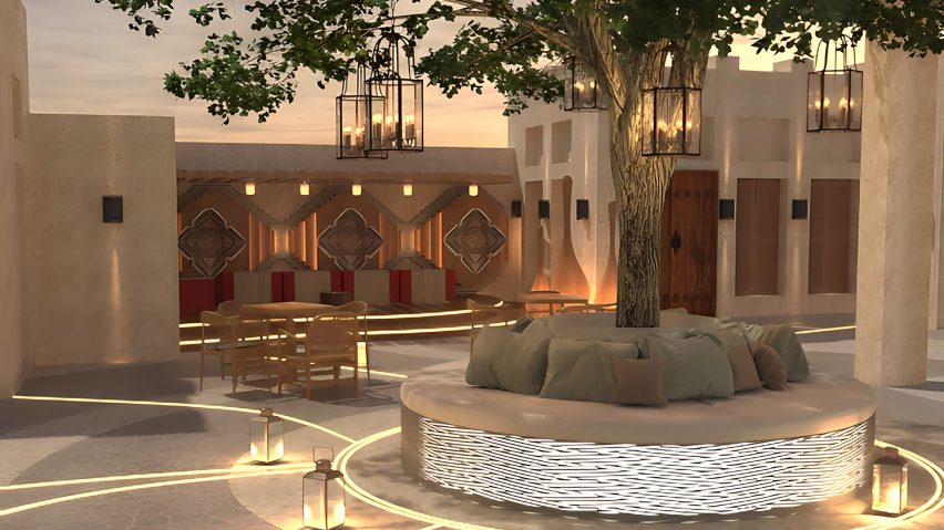 Rendering of an outdoor seating area with tree and lanterns
