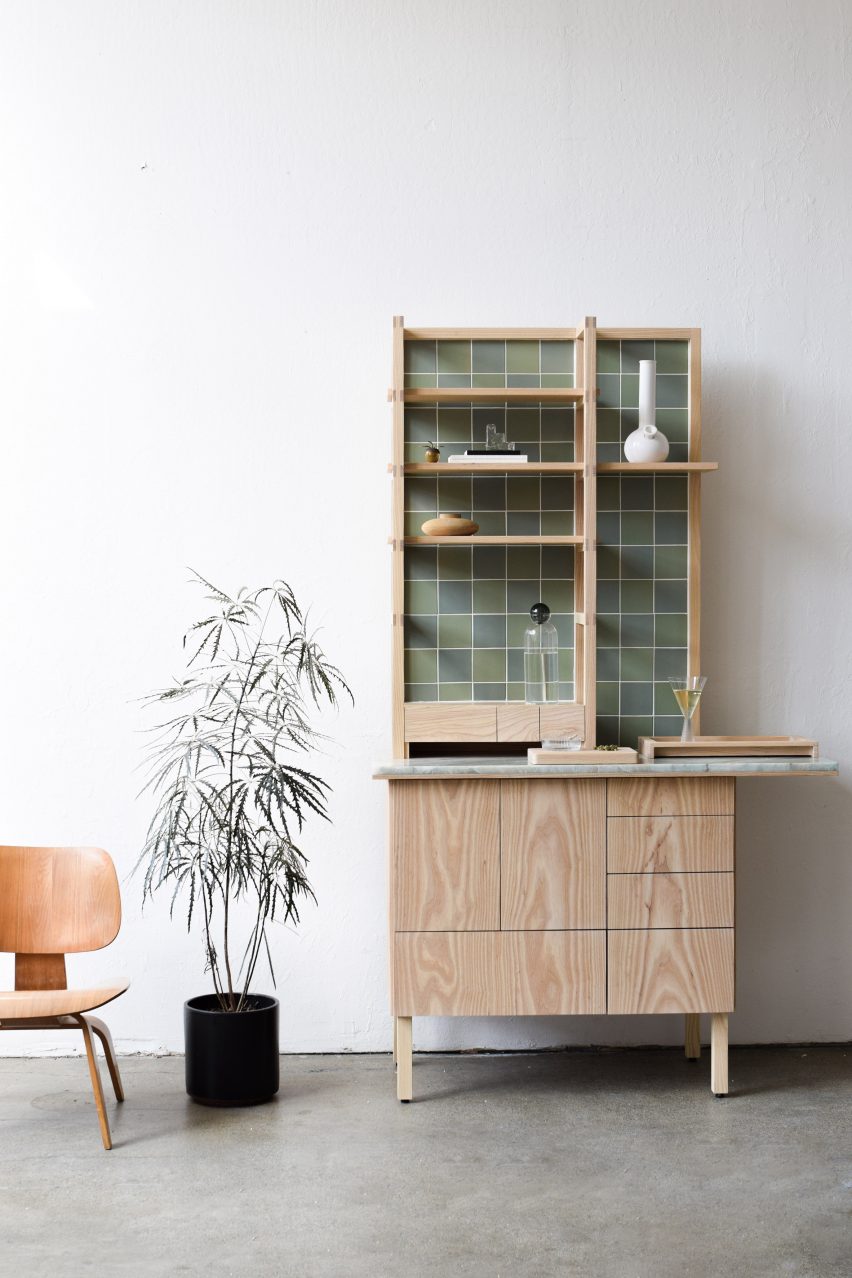 Photograph of cabinet with open cupboard and cannabis plant beside it