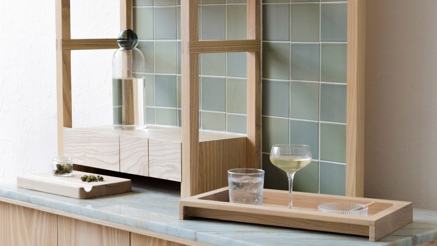 Photograph of cabinet top with drinks being made on top