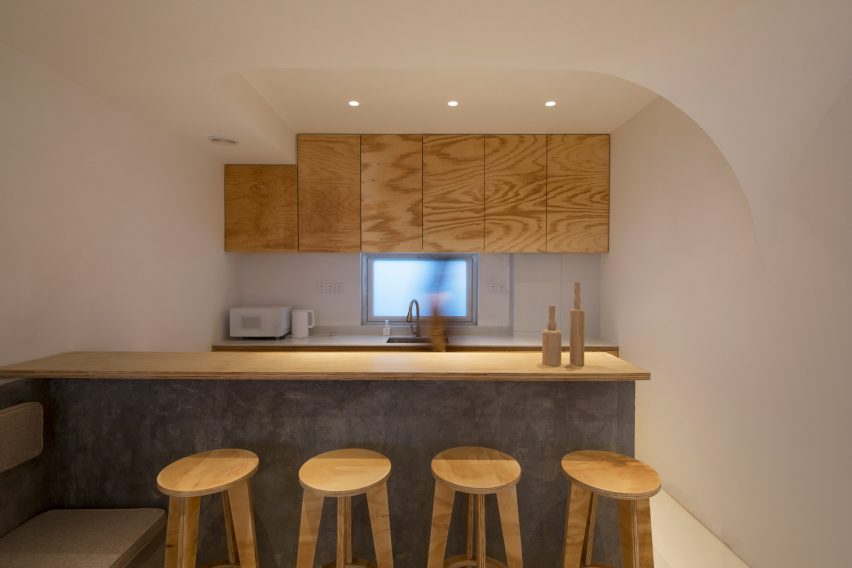 Kitchen area at the Sleeping Lab hotel designed by Atelier d’More