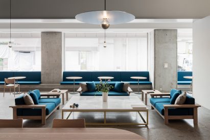 Terrazzo table inside Blue Bottle Coffee shop