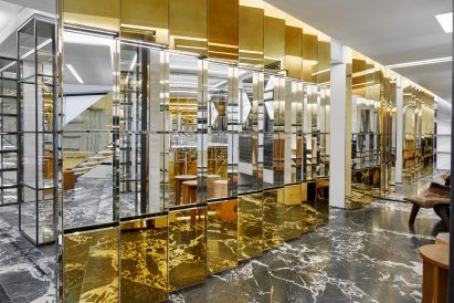 Interior image of mirrored walls at the Celine store