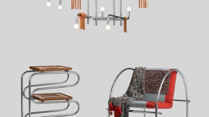 Cinco x Cinco furniture collection with chandelier, bar cart and chair