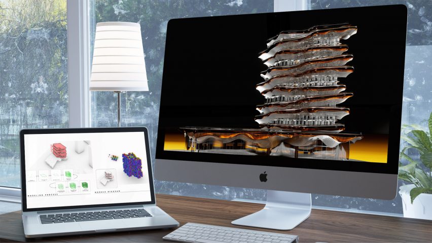 Laptop and desktop screens showing a student computational design of a large building