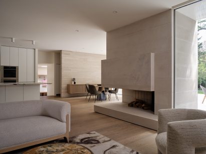 Rectilinear inglenook in living room of Toronto cottage