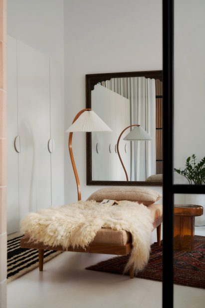 Chaise lounge covered with a textured throw