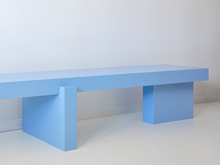 Sky blue sideboard in front of white wall