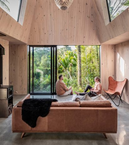 Living space of Biv Punakaiki cabin