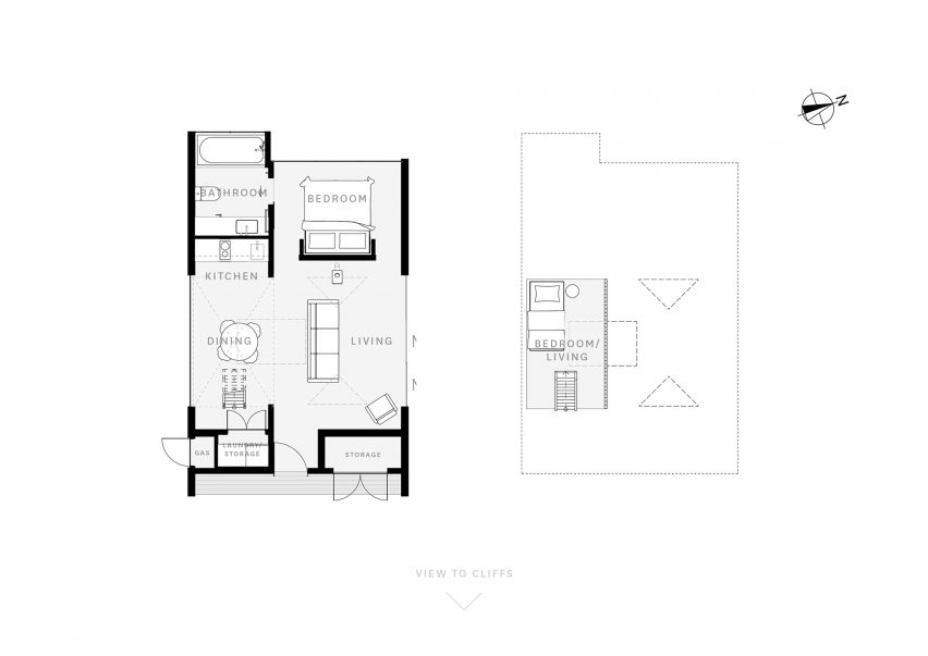 Ground floor and mezzanine level floor plans of the Biv Punakaiki cabin by Fabric Architecture