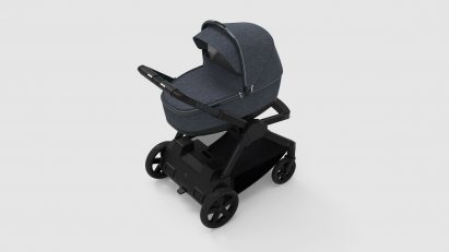 Black pram with hood up