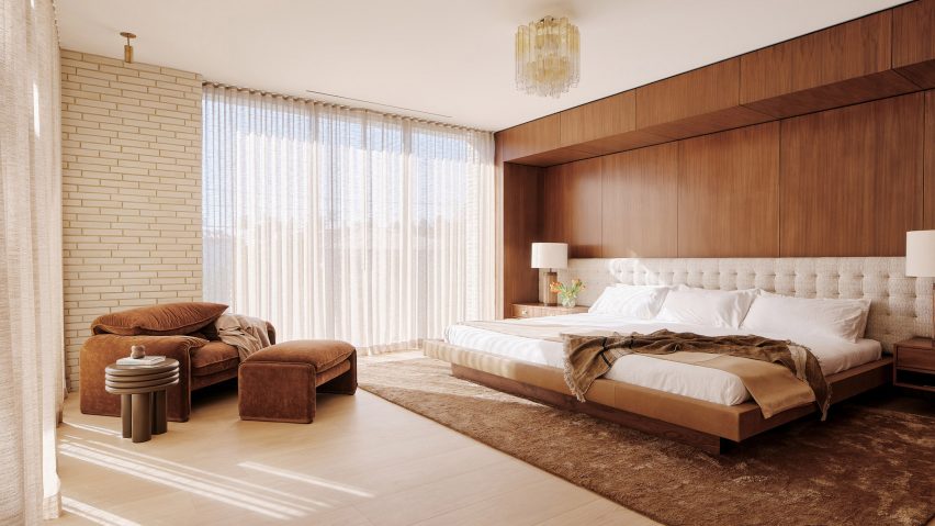 Earthy bedroom interior with custom bed