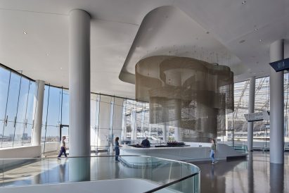 Chandelier in white lobby