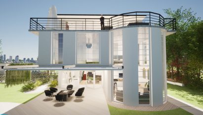 Visualisation showing the exterior of a white building