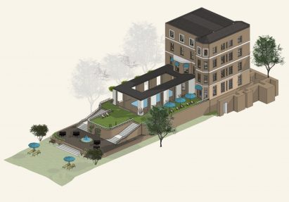 Visualisation of a slice of land with a building and its grounds
