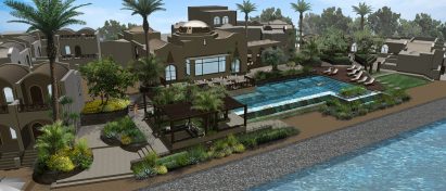 Visualisation of a hotel with pools