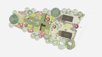 Aerial view of two buildings and a garden