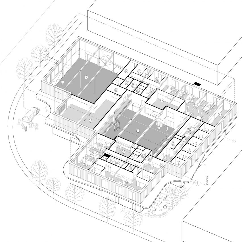 Axonometric drawing of the StickerApp headquarters