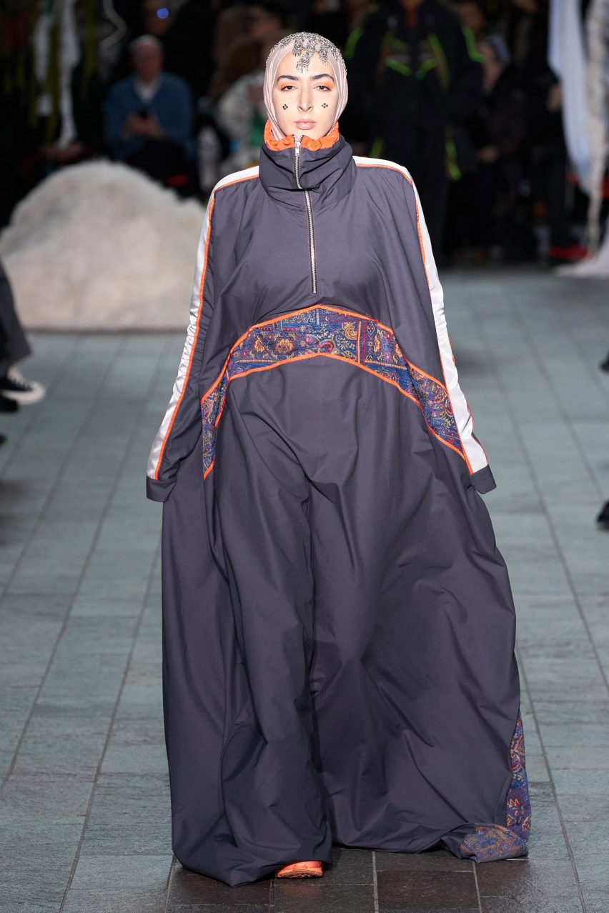 Model wearing Kazna Asker's collection on a runway