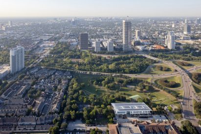 Houston Endowment aerial shot with skyline in the background