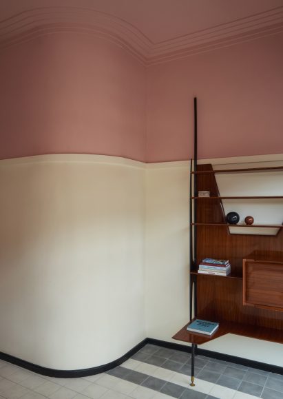 Wooden shelving unit in Lick paint shop in London