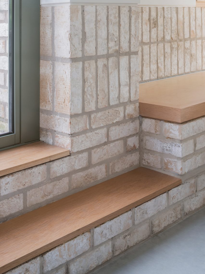 Timber bench brick plinth at MarshKeene's Plinth House in South London