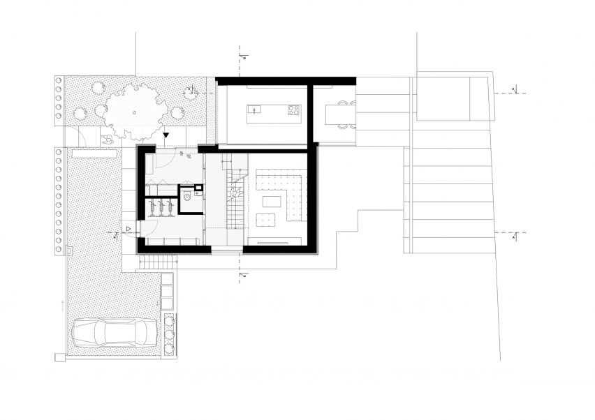 First floor plan of Na Rade House by NOIZ architekti