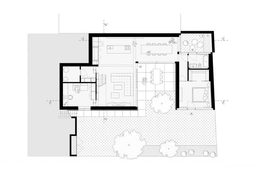 Ground floor plan of Na Rade House by NOIZ architekti