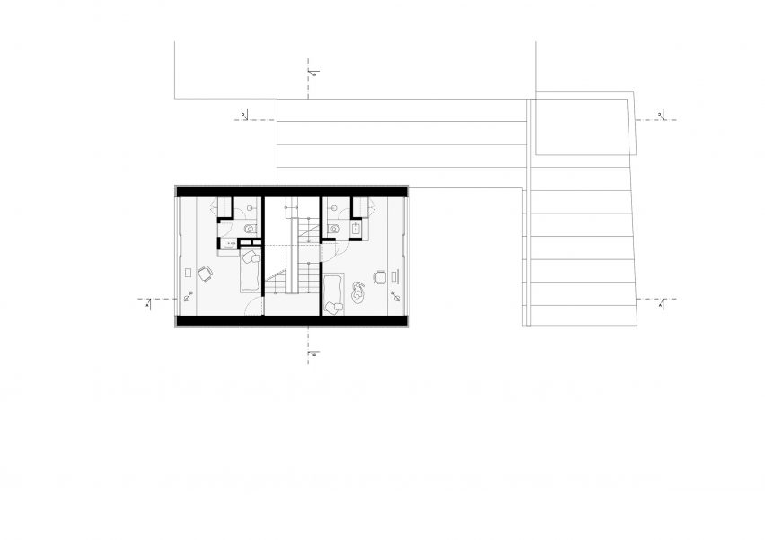 Second floor plan of Na Rade House by NOIZ architekti