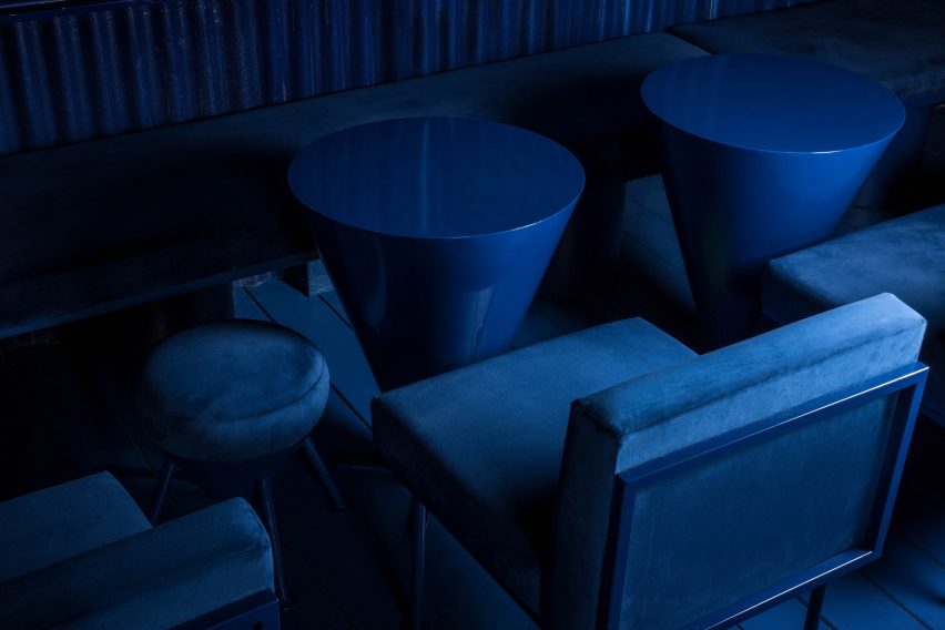 Blue furniture in Naked and Famous bar by Lucas y Hernández-Gil