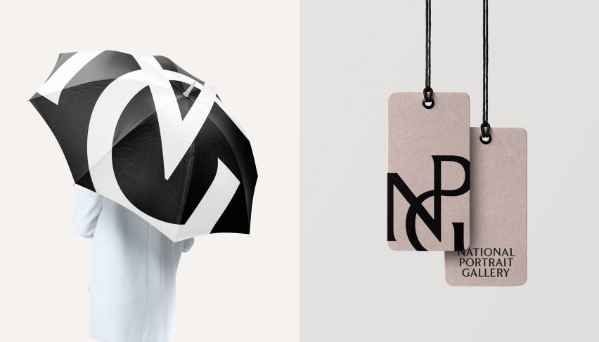 National Portrait Gallery merch umbrella and tags with new logo