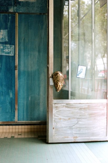 Citrons et Huîtres's door, featuring door handles shaped like oysters