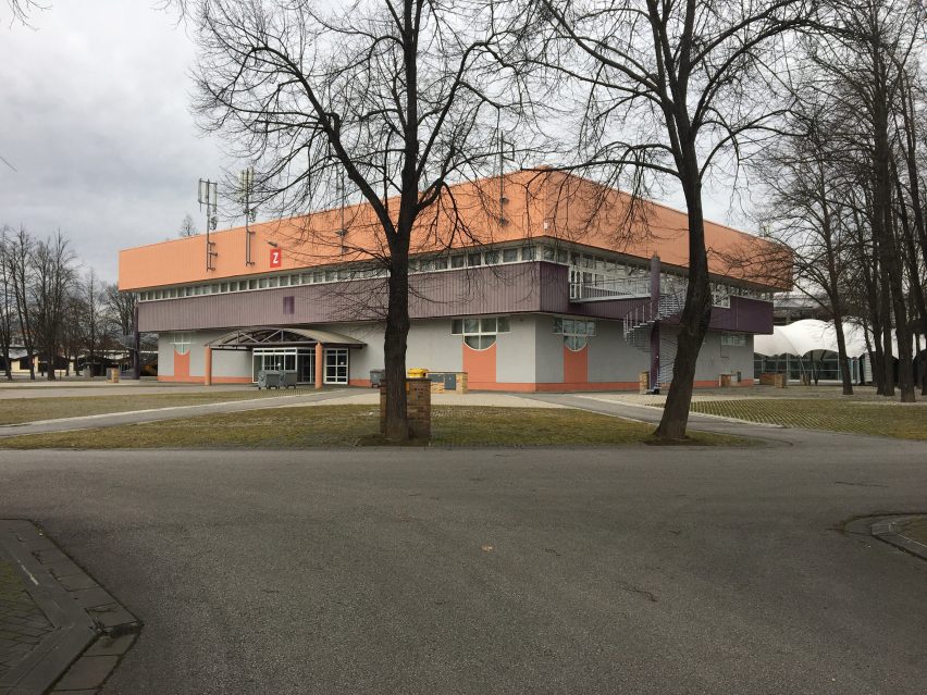 Image of Pavilion Z with orange, purple and grey cladding