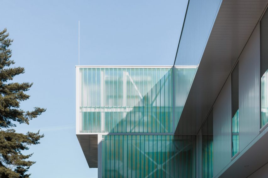 Photograph of detail of stairwell attached to building