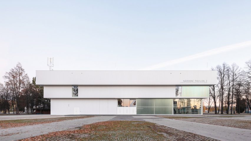 Photograph of low-slung white building