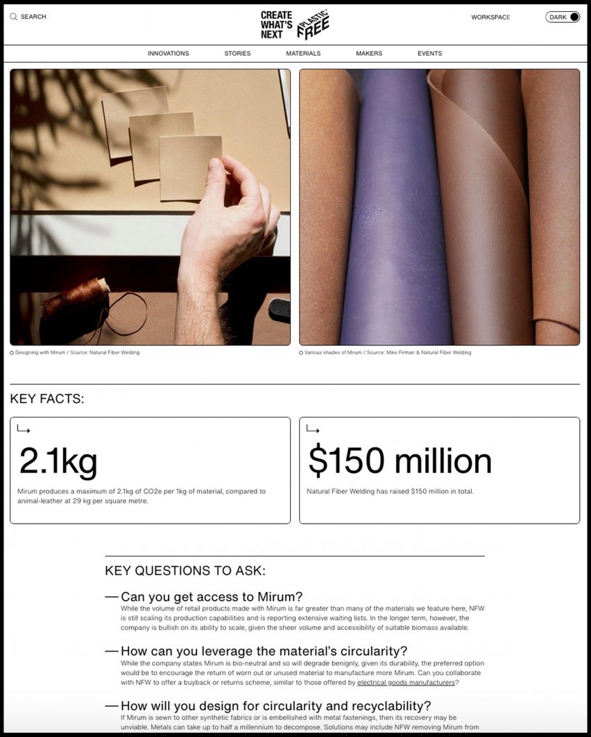 Screenshot of material report on PlasticFree platform