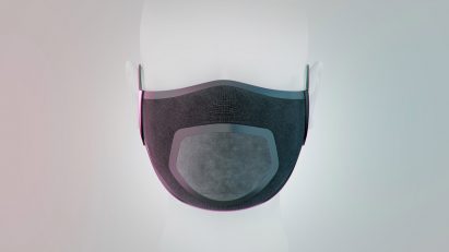 A model head wearing a face mask