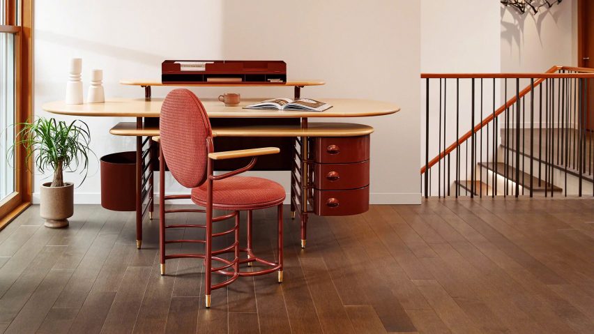 Frank Lloyd Wright red desk steelcase