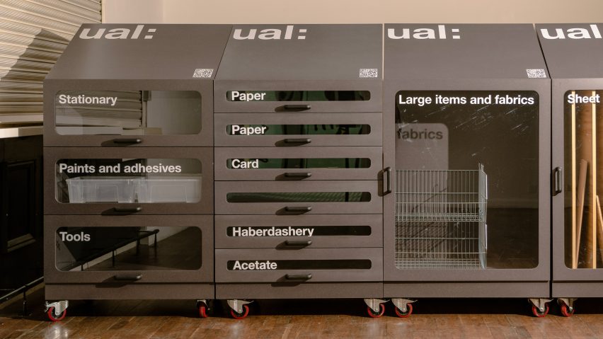 Row of four Re-Use donation boxes for scrap materials by University of the Arts London (UAL)