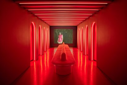 Entirely red fitting room area